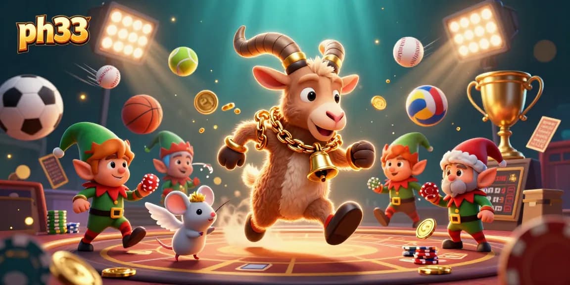 Experience thrilling gameplay at ph33 with a dynamic casino scene featuring Krampus, angel mouse, and elf gremlins.