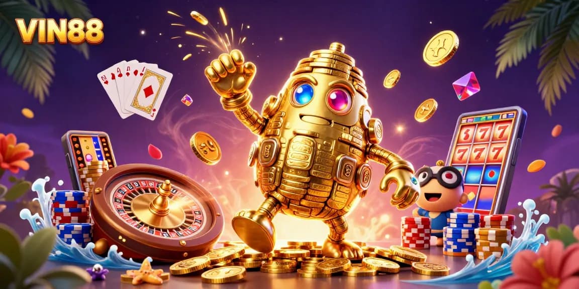 Engage with VIN88's exciting world featuring a golden golem in a vibrant casino scene filled with coins and games.