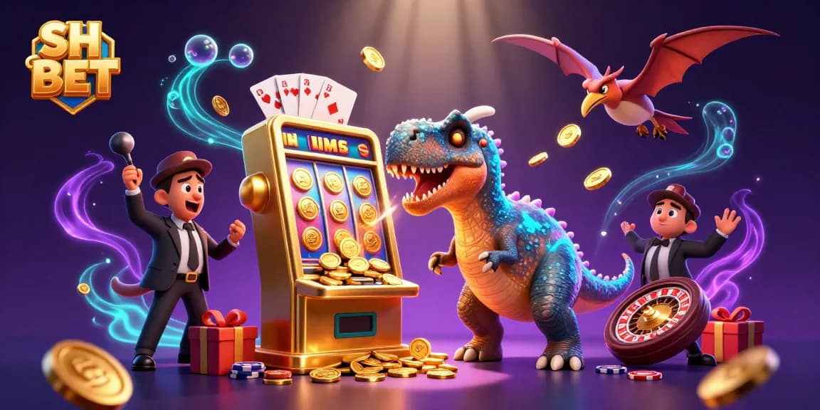 Experience thrilling wins with SH BET in a vibrant cartoon casino setting featuring exciting games.