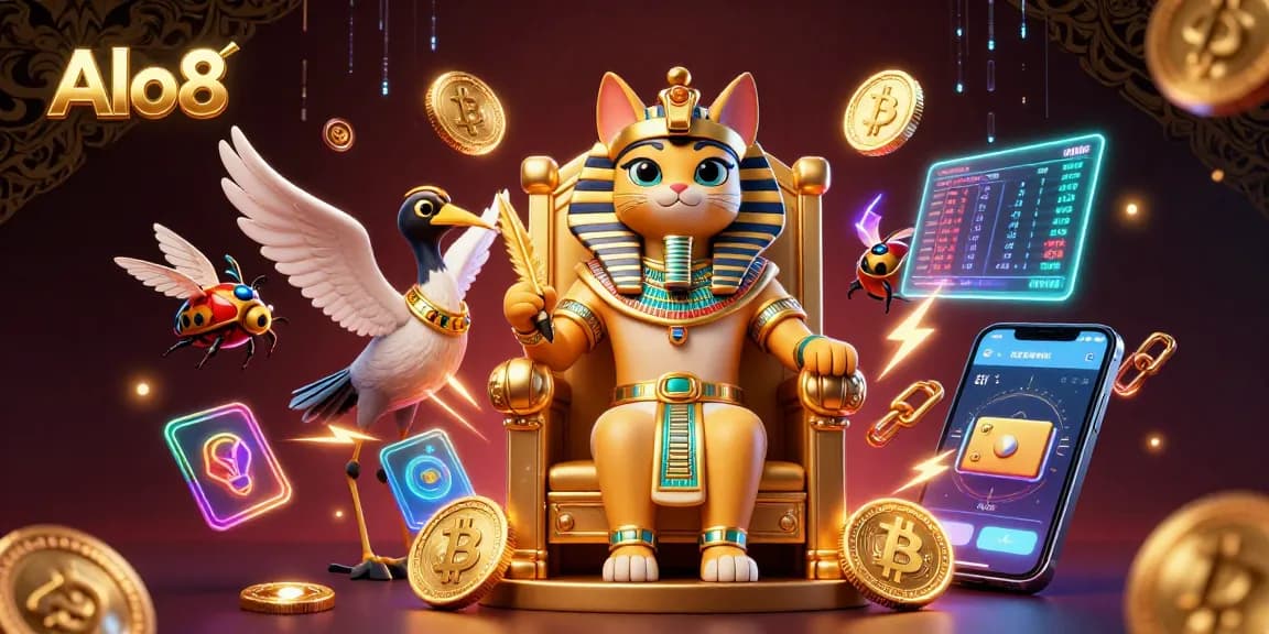 Alo8 immerses players in a vibrant casino world, showcasing Egyptian-themed characters and cryptocurrency elements.