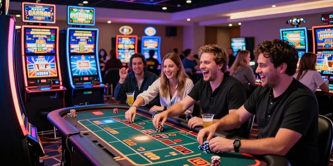 Exciting gameplay moment at credit card casinos, players enjoying vibrant casino atmosphere with live games and promotions