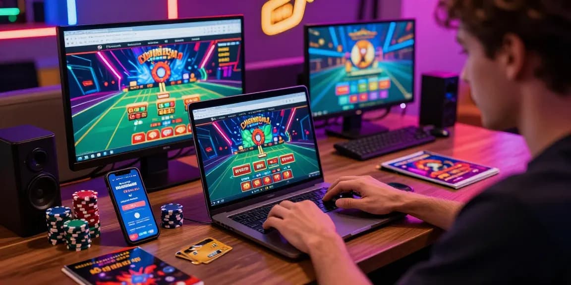 Engaged player enjoying credit card casinos at https://troyuk.co.uk, surrounded by casino-themed decor and gaming devices.