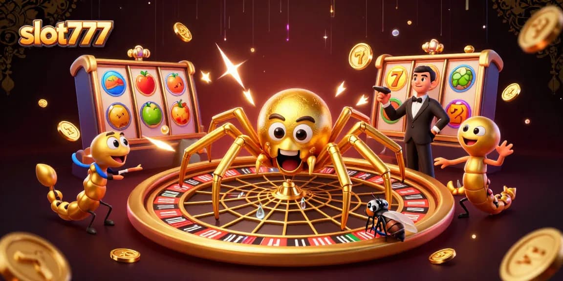 Experience slot777 with an engaging scene featuring a golden spider and casino elements.