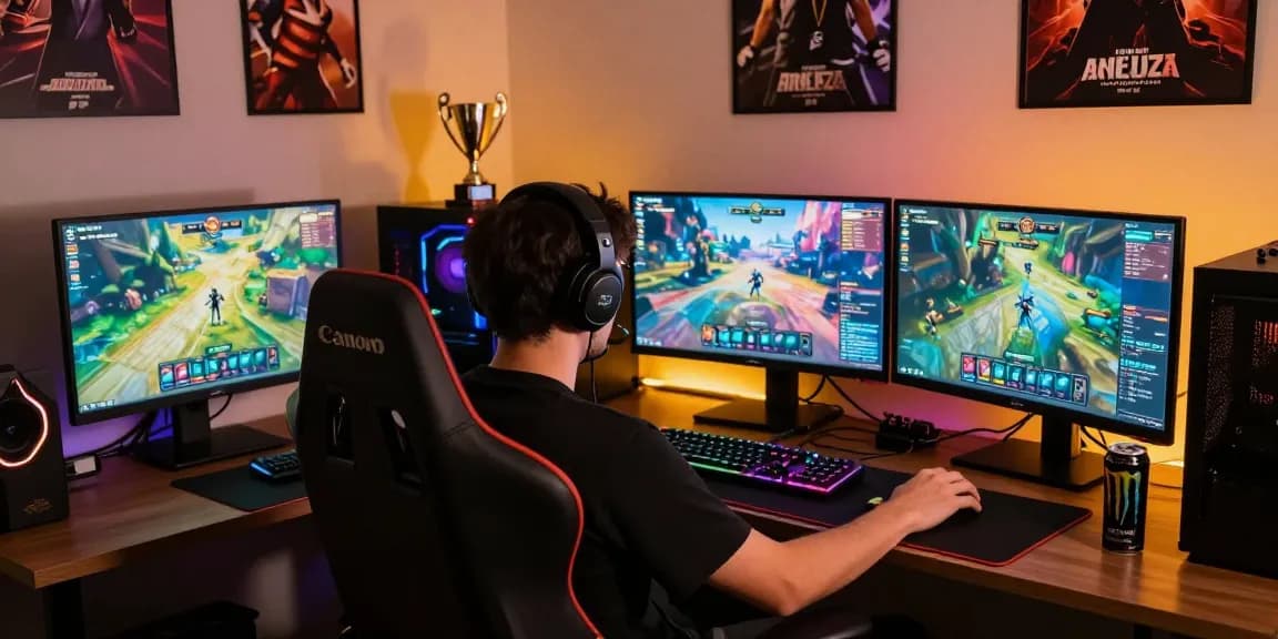 Gamer at Garuda303 enjoying a vibrant online gaming setup with multiple screens and engaging graphics.