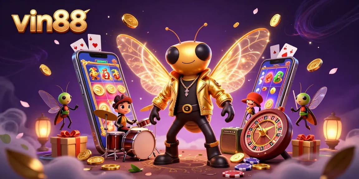 Experience the thrill of vin88 with a vibrant 3D casino scene featuring exciting game elements and lively characters.