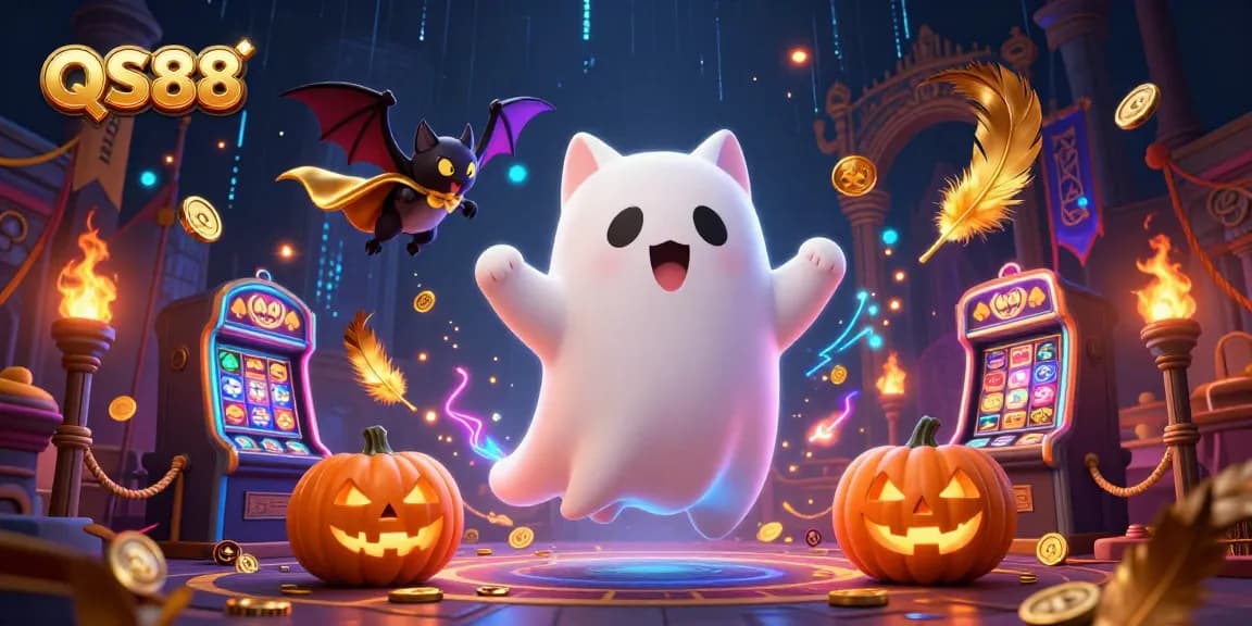 Experience thrilling gaming with QS88 in this vibrant casino scene featuring a ghost cat.