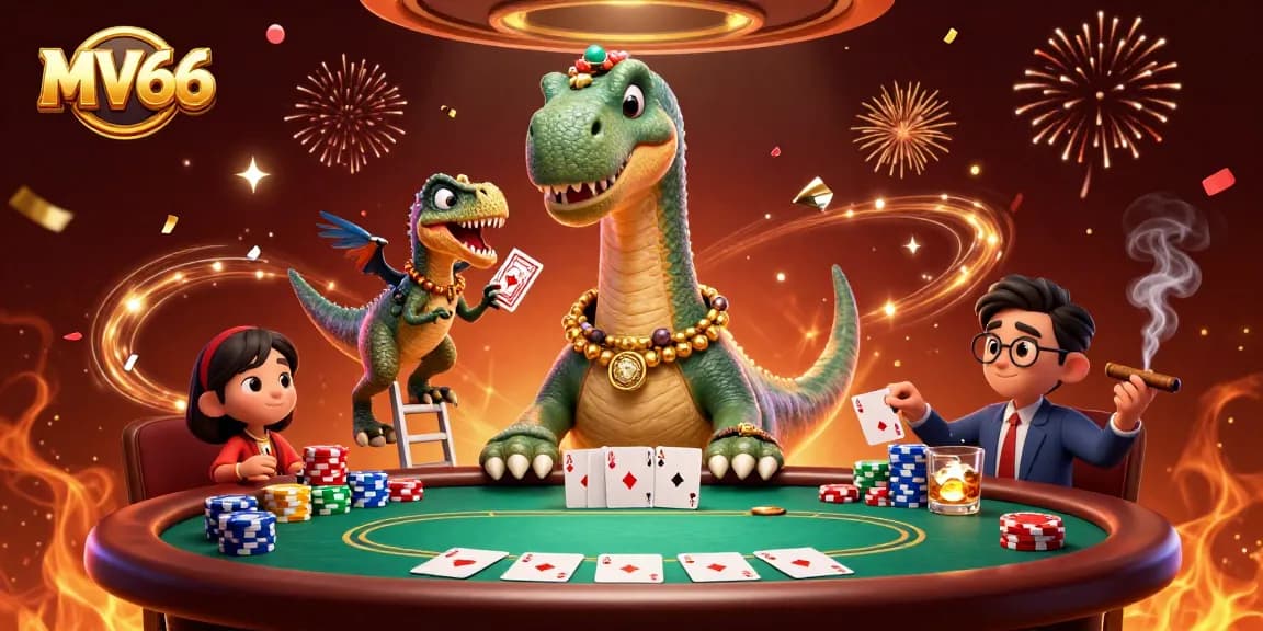 MV66 brings excitement with a towering brontosaurus overseeing thrilling poker action in a vibrant casino scene.