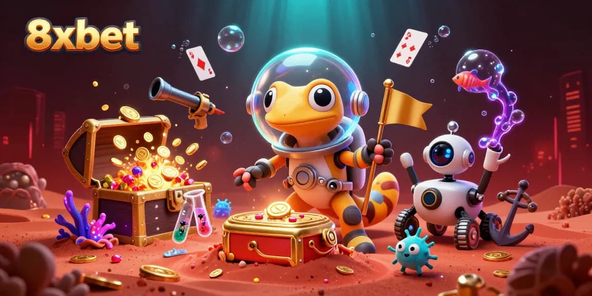 Experience excitement and winning at 8xbet with this vibrant 3D casino illustration featuring unique Martian characters and dynamic gaming elements.