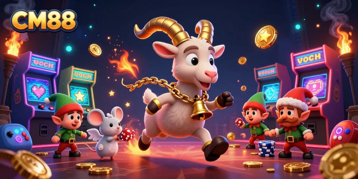Experience excitement at CM88 casino with a festive Krampus goat overseeing gameplay amidst lively characters.