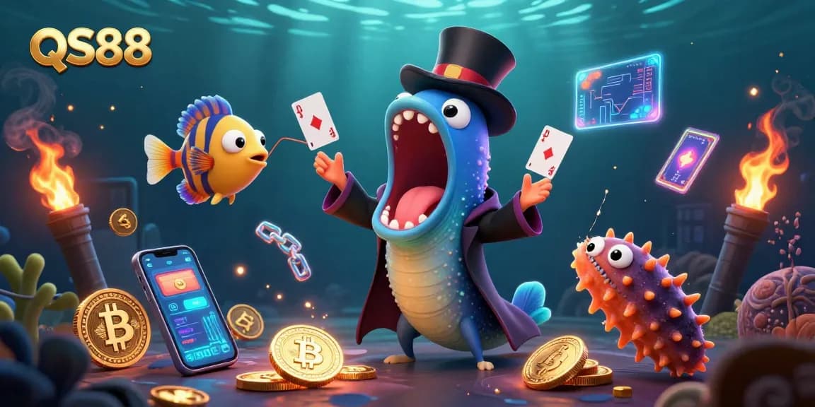 Experience the magic of QS88 with vibrant casino elements and 3D characters performing tricks.