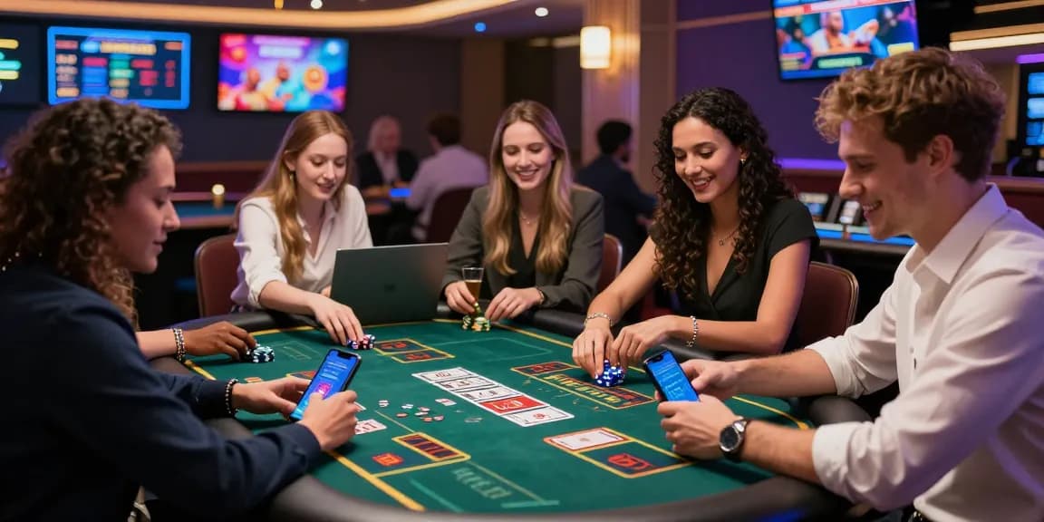Diverse players engaged in a live dealer game at non UK casinos, showcasing a vibrant online casino atmosphere.