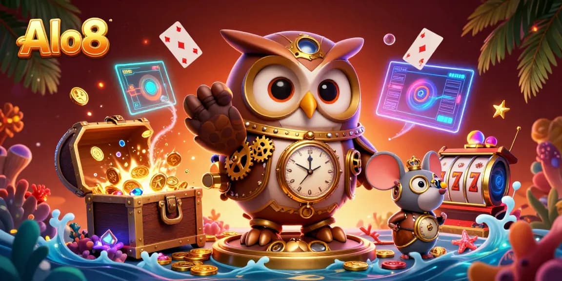 Engage with Alo8 in a vibrant casino scene featuring gaming elements and unique characters.