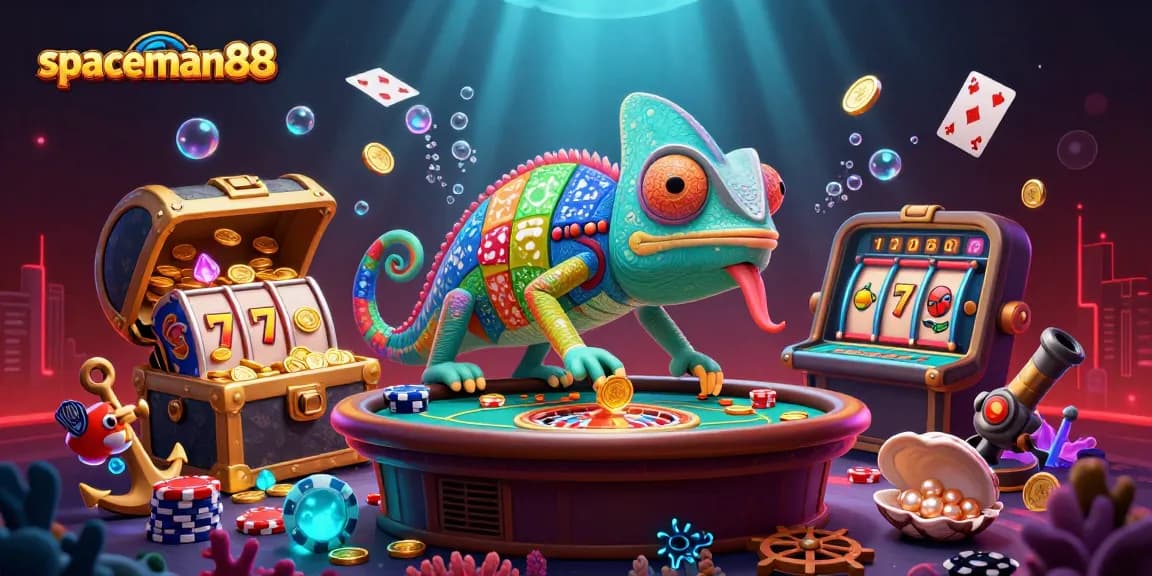 Play interactive slots on spaceman88 with vibrant chameleon owner and treasure-filled scene.