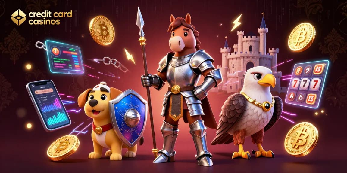 Engage in credit card casinos with a vibrant 3D scene showcasing medieval knight, squire, and falcon amidst crypto elements.