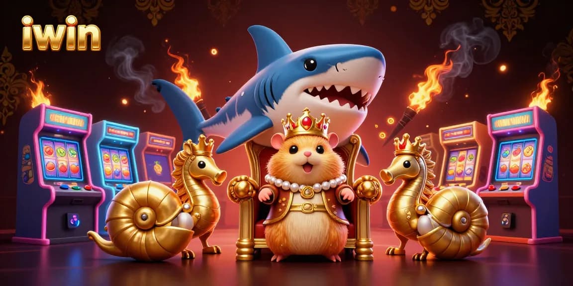Engage with iwin's vibrant 3D casino art featuring a golden hamster king surrounded by gaming elements.