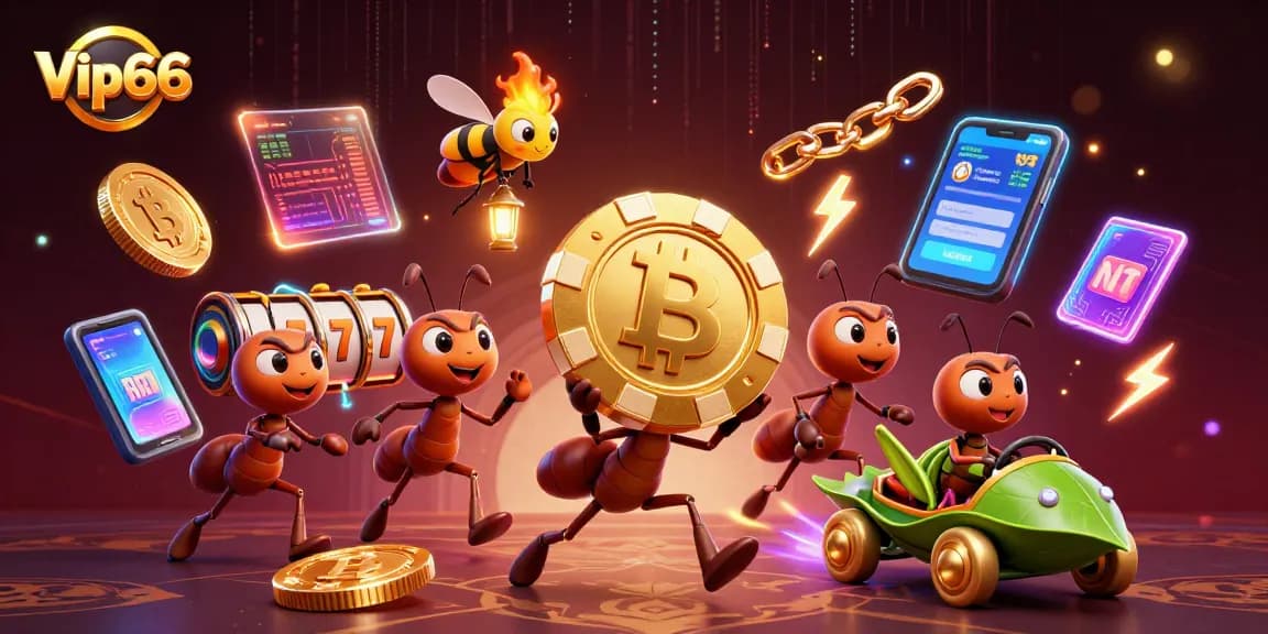 Engage in thrilling gameplay with Vip66's vibrant 3D cartoon illustration showcasing ants on a golden poker chip heist.