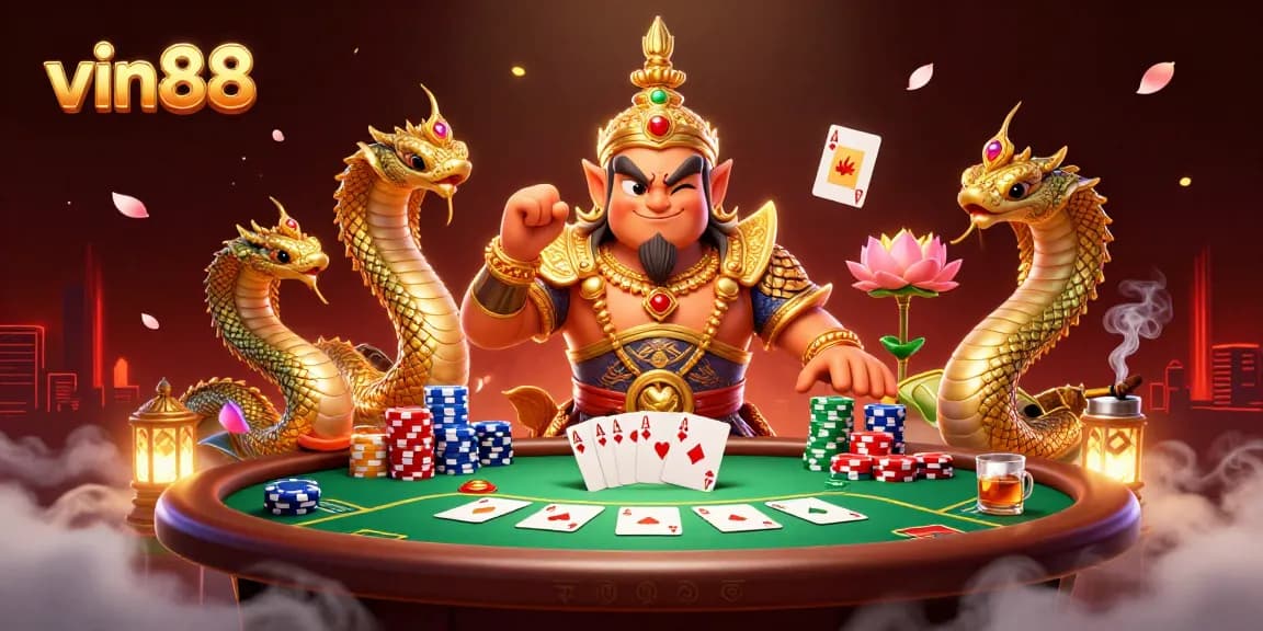 Engage with vin88 in this vibrant scene showcasing a dynamic poker game surrounded by enchanting elements.