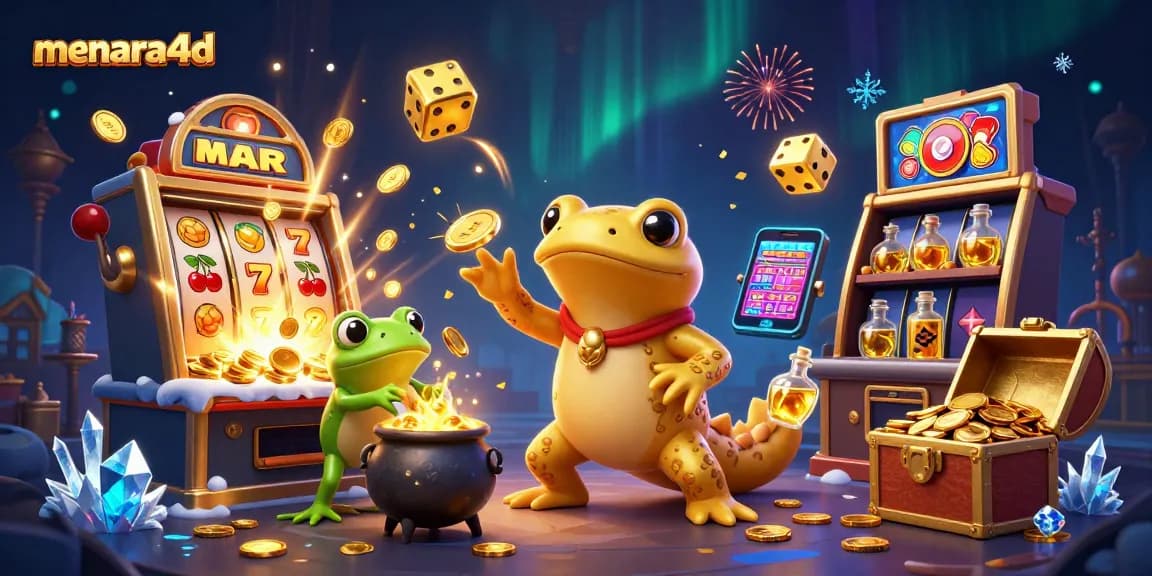 Menara4d menampilkan alkemis salamander emas dan simbol slot berkilauan dalam kasino virtual.