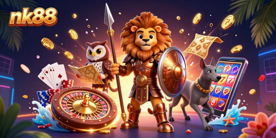 Win big at nk88 with thrilling casino games featuring a Spartan lion and dynamic elements.