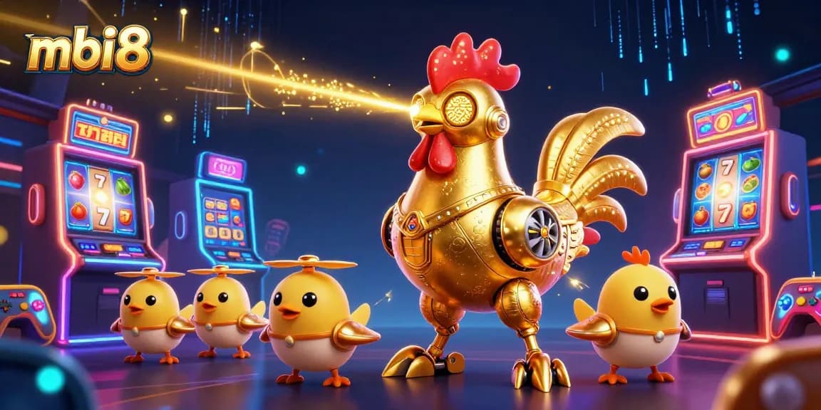 Engage with mbi8's vibrant casino experience featuring a dynamic 3D rooster robot amidst slot machine action.