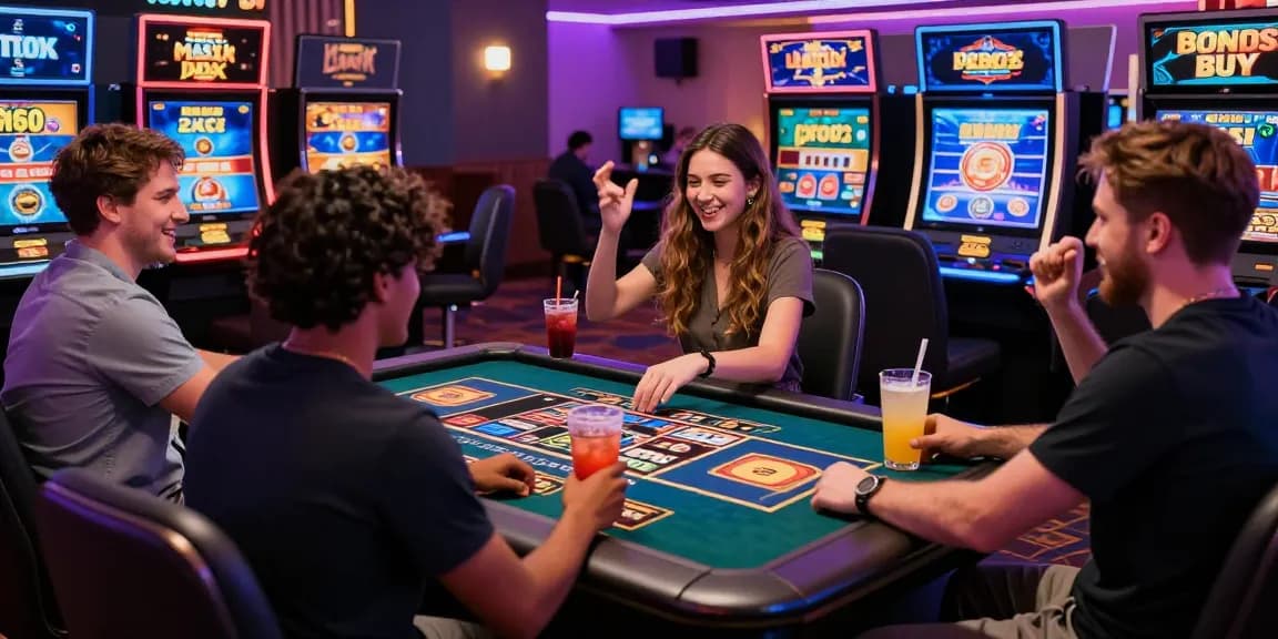 Experience the excitement at non uk casinos not on gamstop with friends around engaging games, joyful atmosphere filled with vibrant colors and fun.