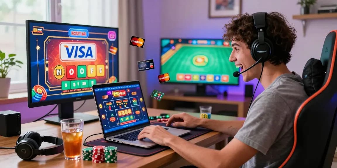 Excited player enjoying credit card casinos with lively gaming elements in a cozy home environment.