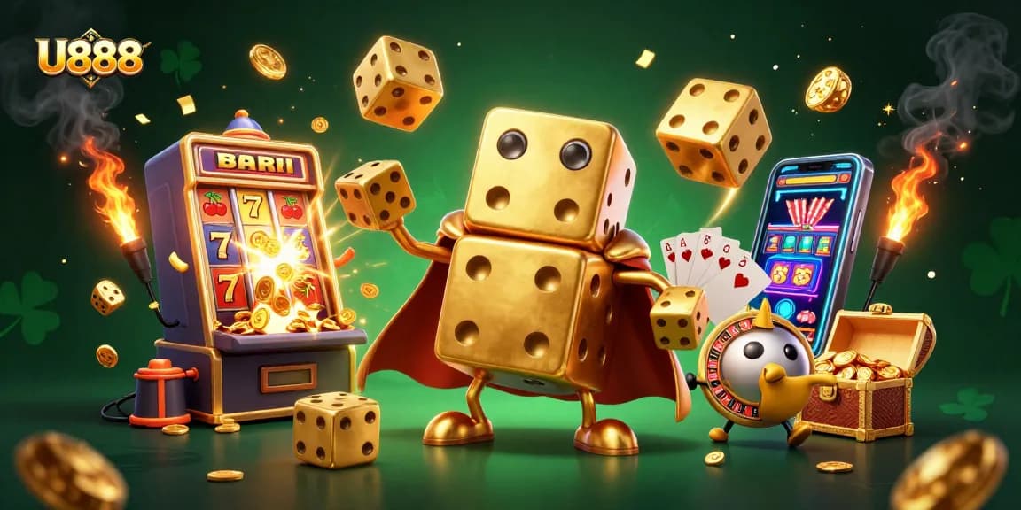 Experience U888's vibrant casino adventure with golden dice, slot jackpots, and engaging gaming elements.