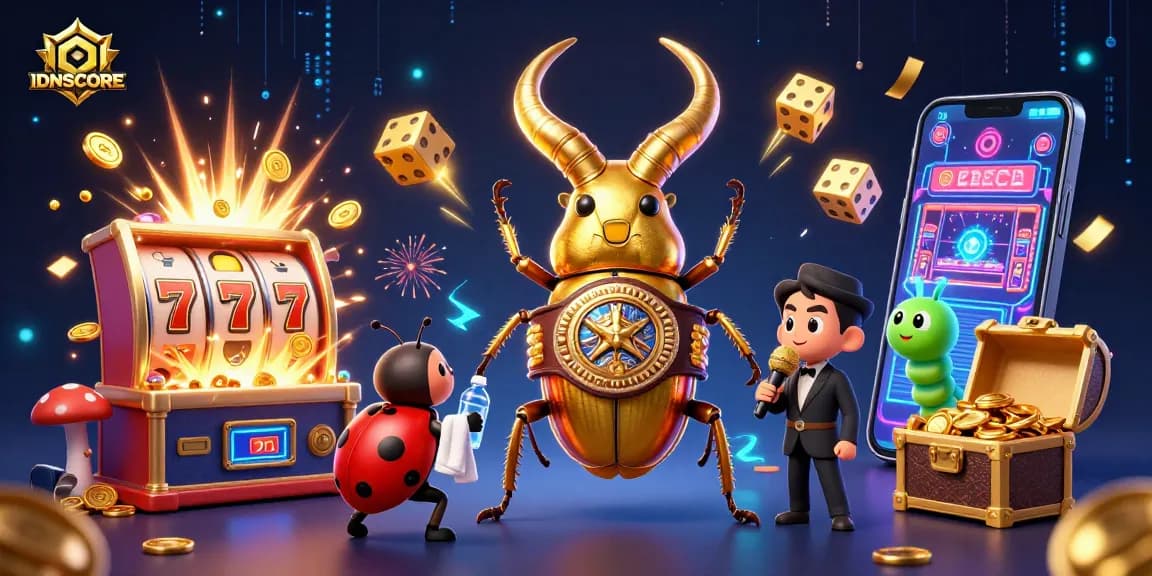 IDNSCORE showcases vibrant 3D slot action with a golden stag beetle and lucky symbols.