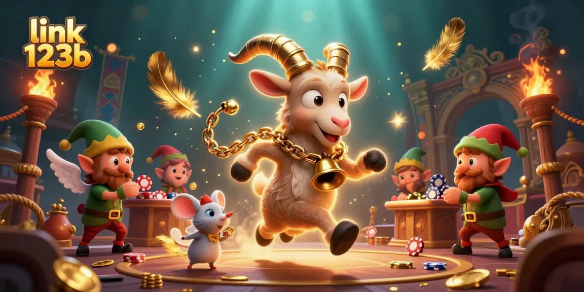 Engage with link 123b in a thrilling casino scene featuring a festive Krampus goat and playful elf gremlins.