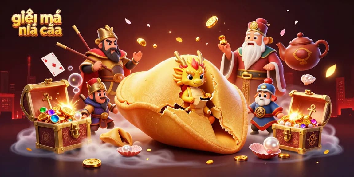 Engage in exciting gameplay with giải mã nhà cái featuring a golden fortune cookie, wise dragon, and treasure.