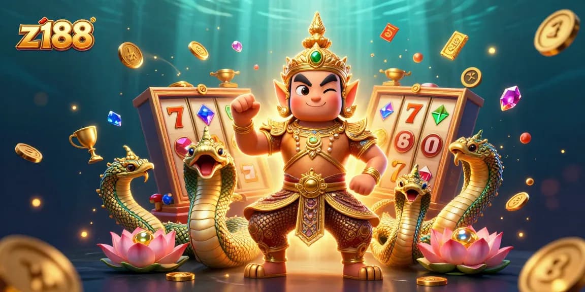 Join the action at z188 with vibrant slot reels and golden trophies in a thrilling 3D casino scene.