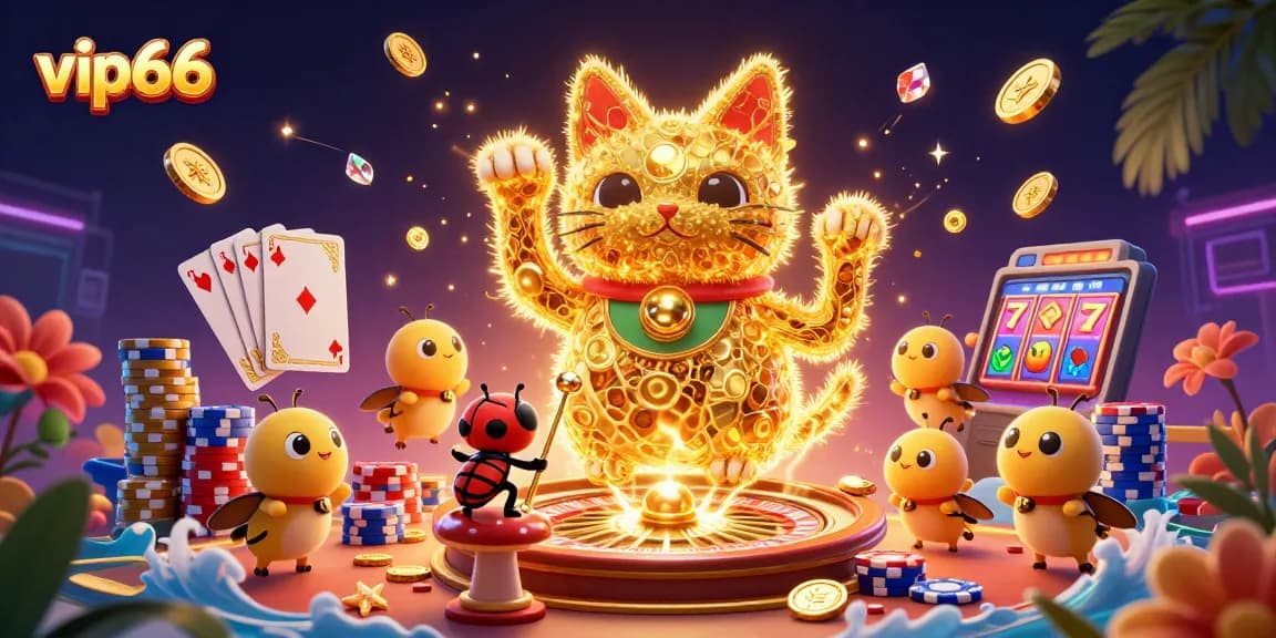 Experience the unique vip66 casino atmosphere with vibrant lucky cat, fireflies, and shimmering game symbols.