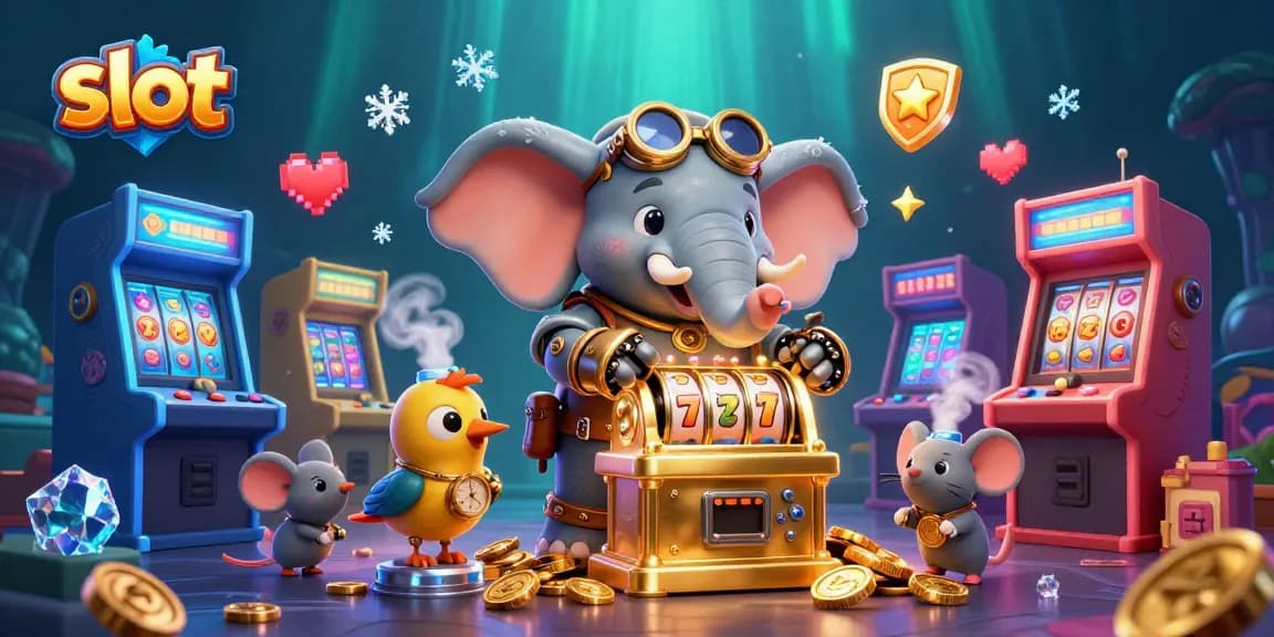 Spin the slot machine with the steampunk elephant engineer surrounded by coins and arcade elements.