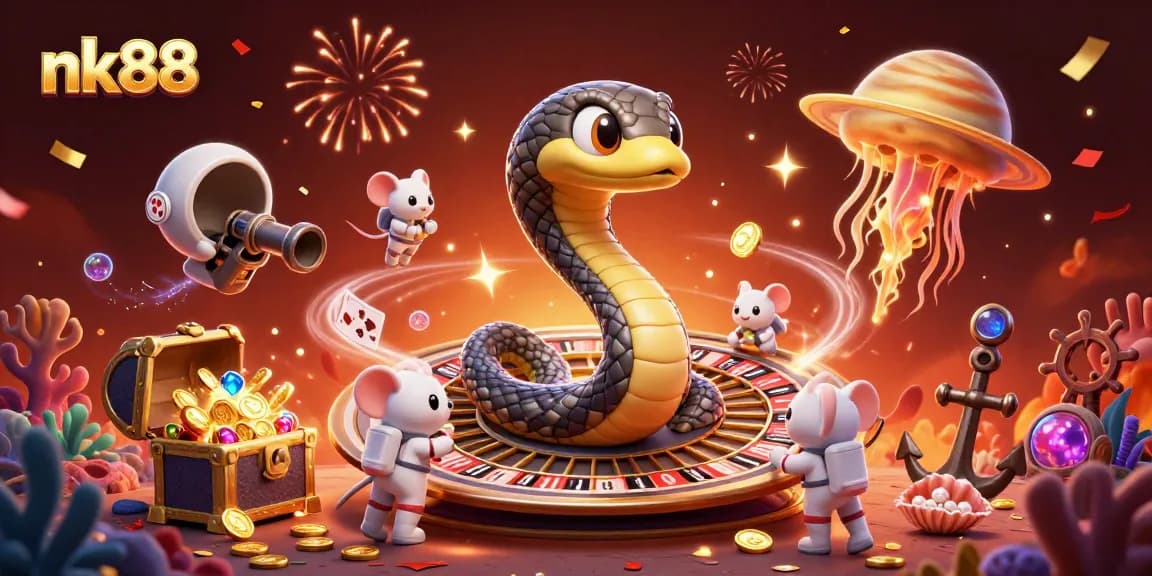 Experience thrilling bets at nk88 with our colorful cosmic casino scene showcasing a roulette wheel and playful astronaut mice.