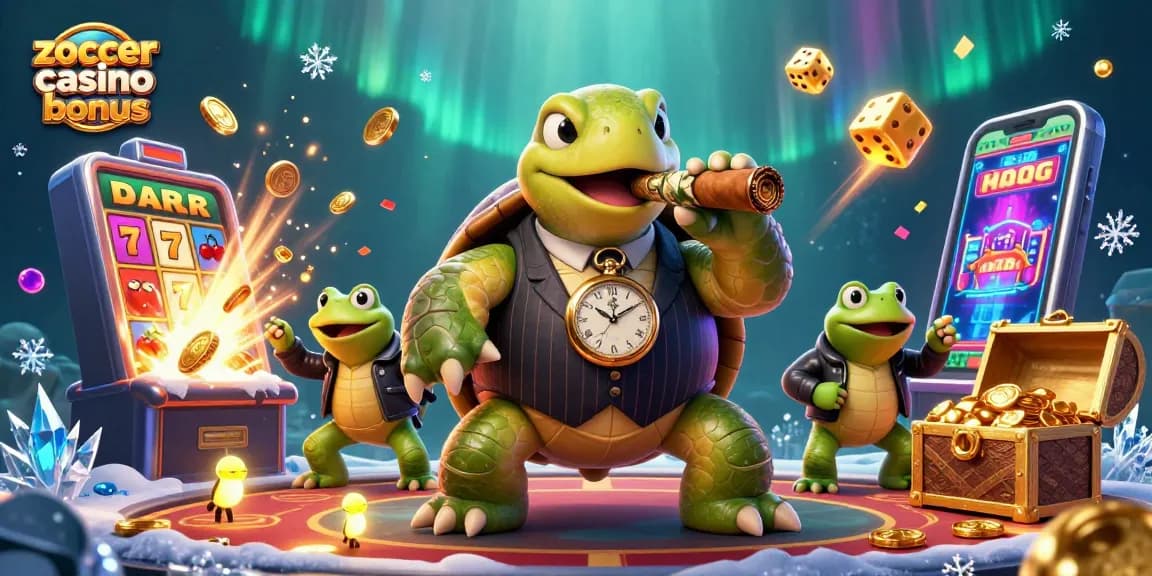 Experience the excitement of Zoccer Casino Bonus with a vibrant 3D illustration featuring a massive turtle and casino elements.