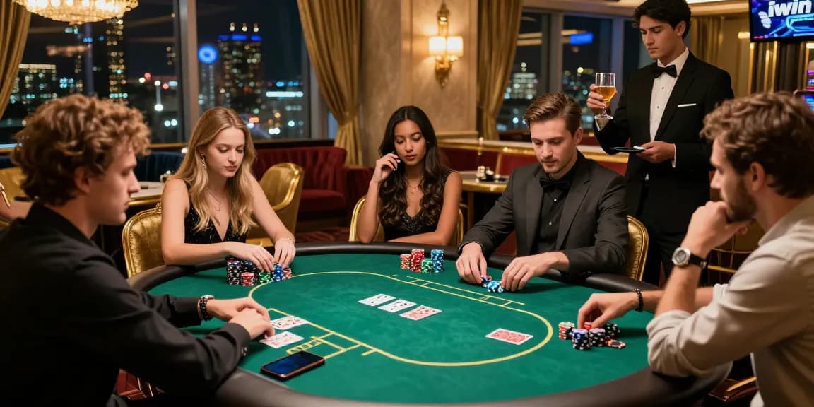 Group of friends enjoying a poker game in a luxurious casino lounge, highlighting the iwin gaming experience