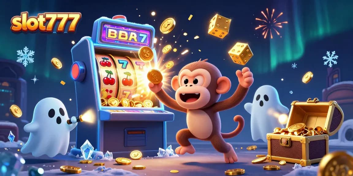 Experience the excitement of slot777 with a mischievous monkey juggling golden tokens amidst a bursting slot machine