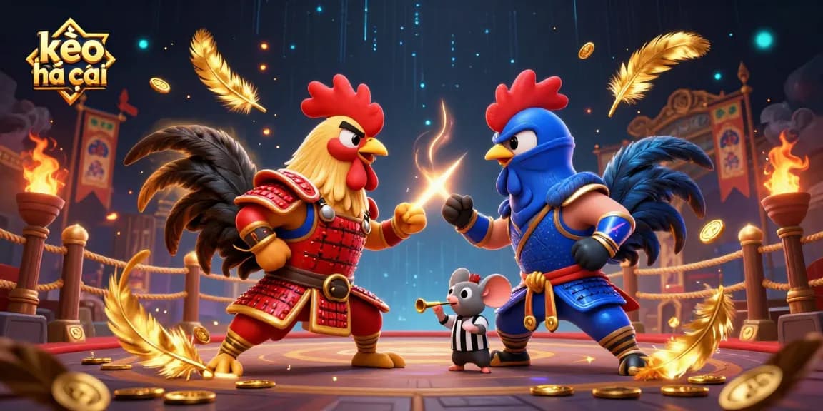 Engage with kèo nhà cái in this vibrant illustration of roosters battling in a dramatic arena setting.