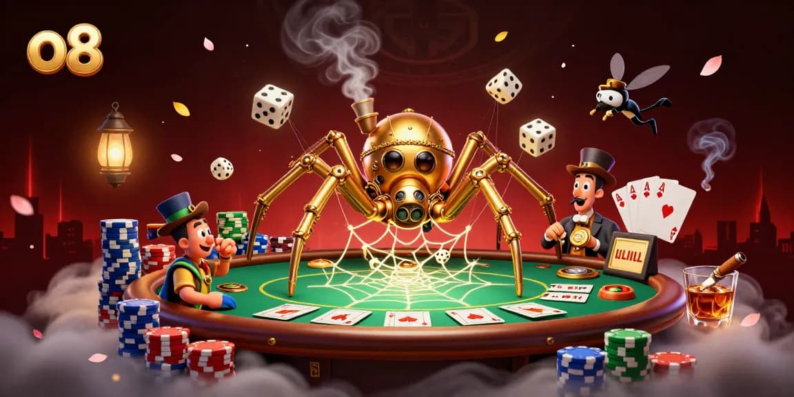 Catch the excitement with o8 gaming, featuring a golden spider and vibrant poker elements.