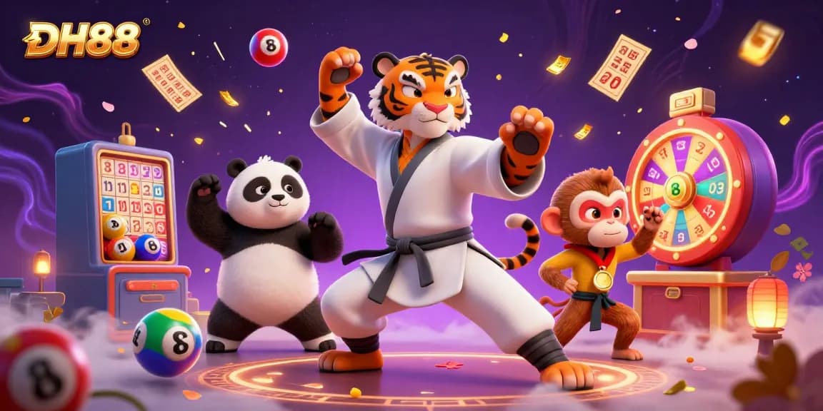 Enjoy exhilarating games at DH88 with a vibrant scene featuring a kung fu tiger, panda disciple, and playful monkey amidst lottery action.