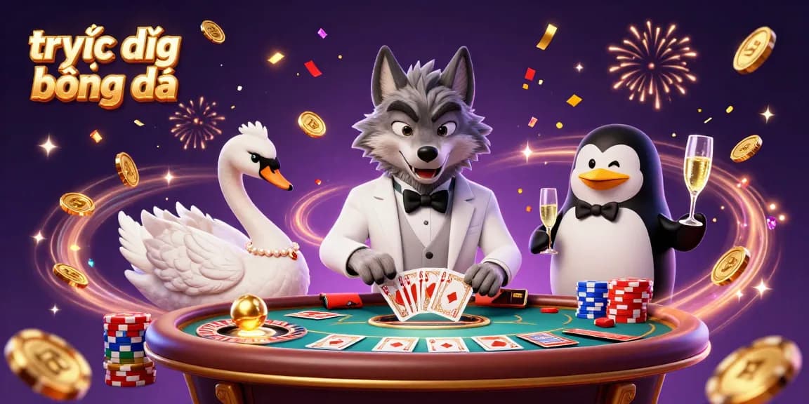 Experience trực tiếp bóng đá with a lively 3D scene featuring engaging characters and vibrant casino elements.