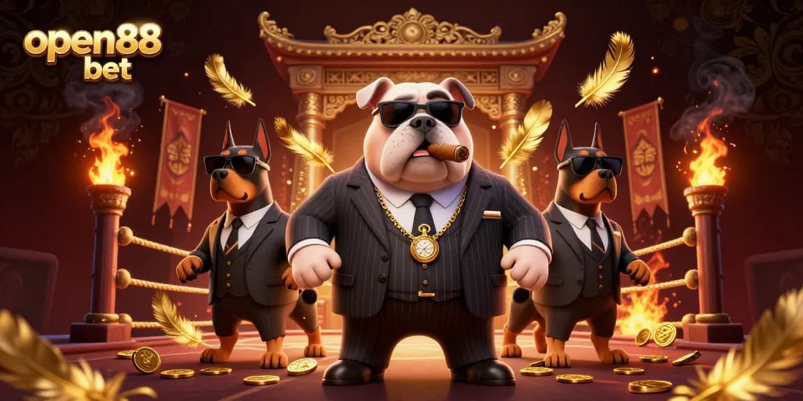 Engage in thrilling action at open88 bet, featuring a 3D mafia boss bulldog amidst gold coins and dynamic casino elements.
