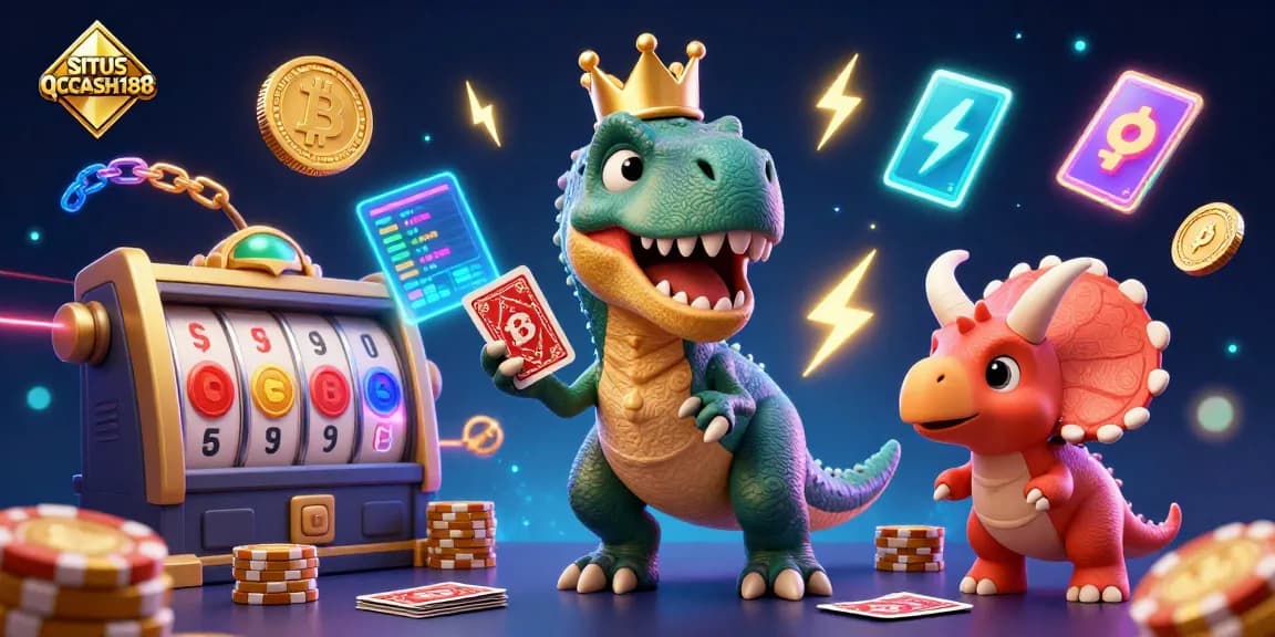 Experience the excitement of gambling with SITUS QQCASH188 illustrated in a vibrant scene featuring a T-Rex and crypto elements.