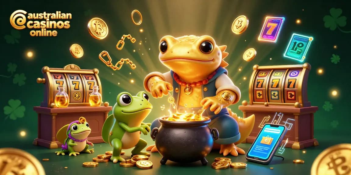 Experience the excitement of australian casinos online with a vibrant 3D scene showcasing a golden salamander alchemist.