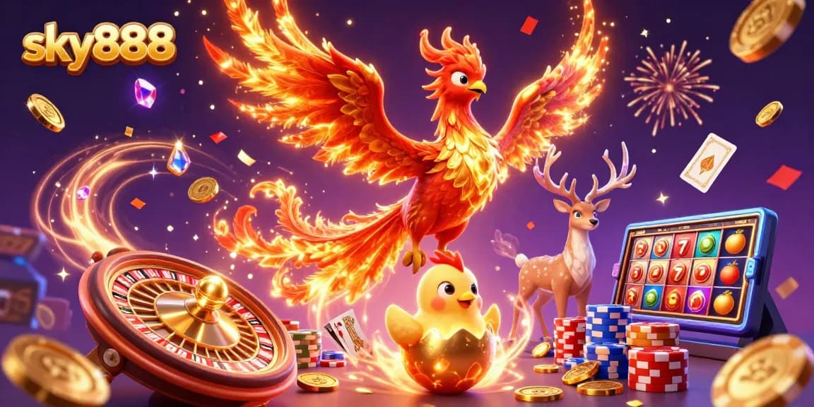 Experience sky888's thrilling slots with a vibrant scene of phoenixes, gold coins, and game elements.