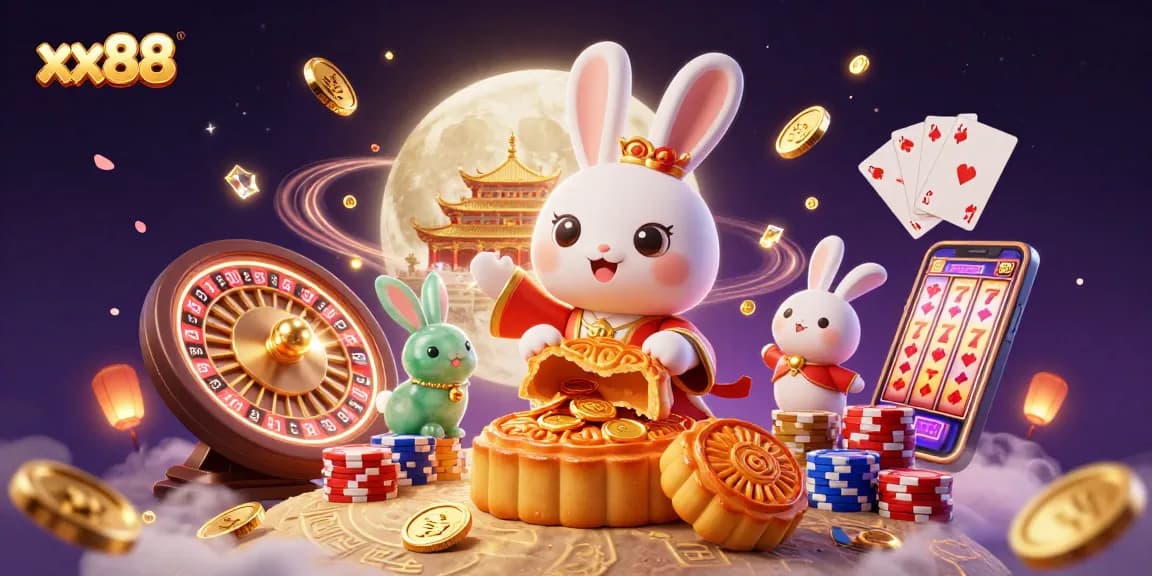 Engage with xx88's vibrant gaming scene, featuring a moon rabbit revealing poker chips amidst cascading gems and gold.