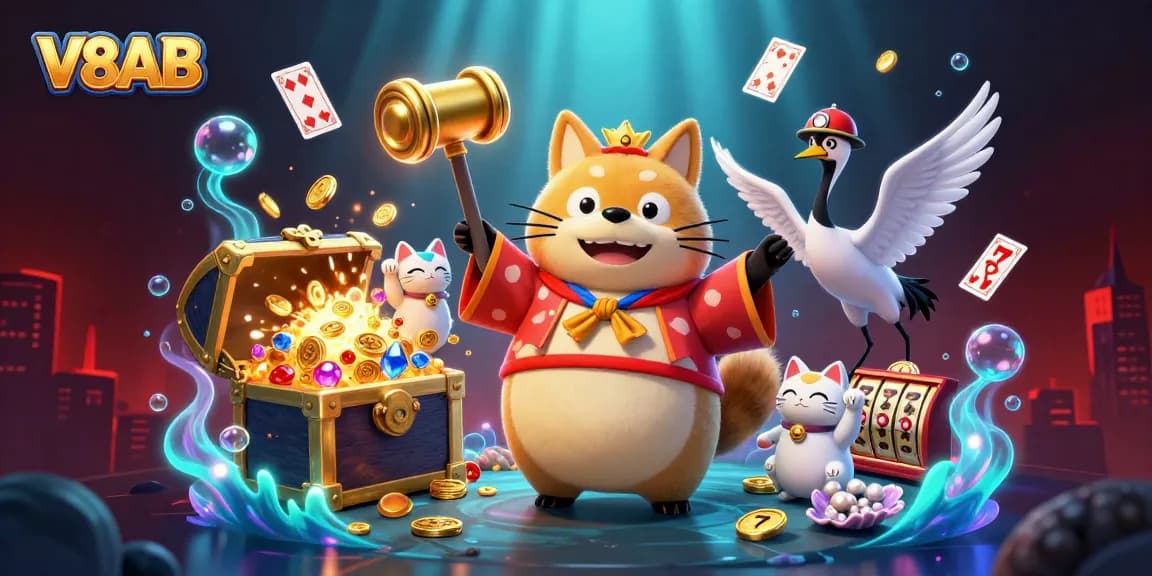 V8AB casino scene with a cheerful tanuki celebrating over gold coins and slot reels.