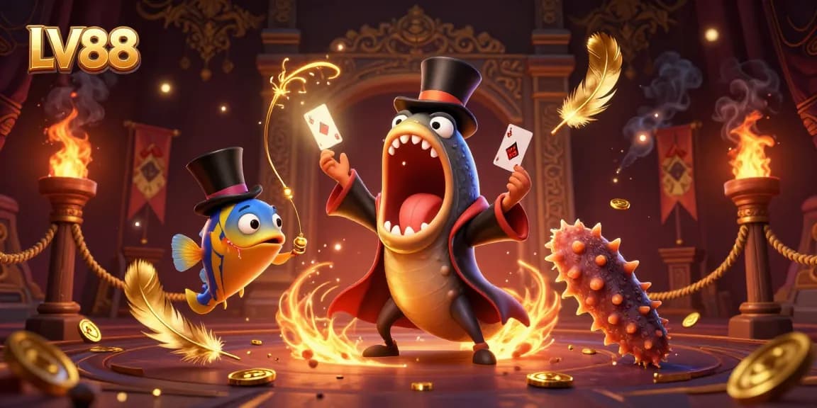 Experience LV88's thrilling magic with a bioluminescent eel and anglerfish in a captivating casino scene.
