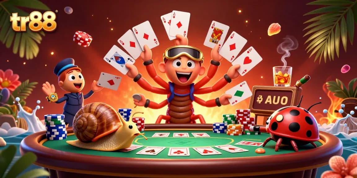Experience the excitement of tr88 as cartoon characters deal cards and stack chips at a vibrant casino.