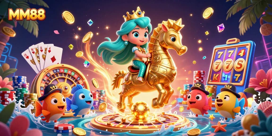 Experience thrilling gameplay at MM88 with vibrant characters, casino elements, and magical underwater themes.